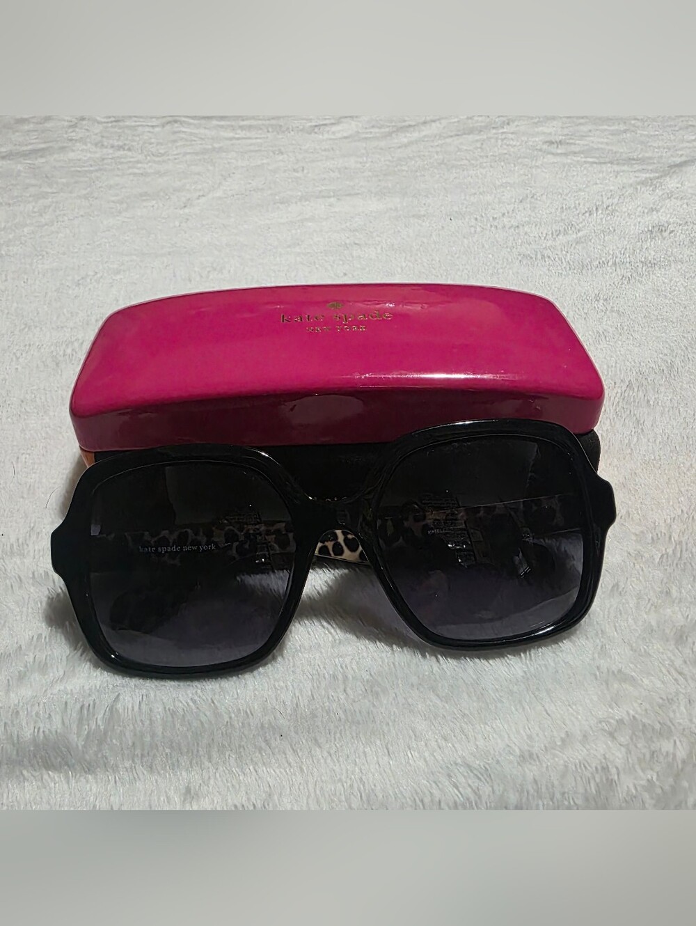 Kate Spade Black Oversized Square Sunglasses, Leopord Print, with Pink Case.